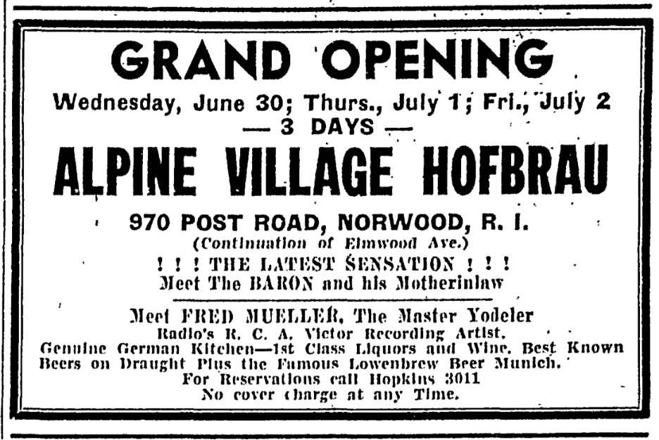 Alpine Village Hofbrau grand opening ad