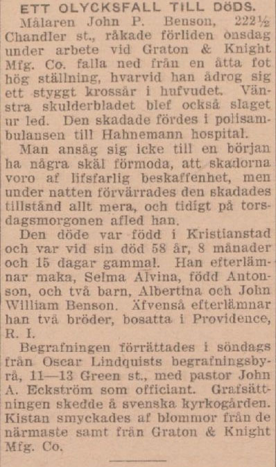 John P. Benson obituary in Swedish