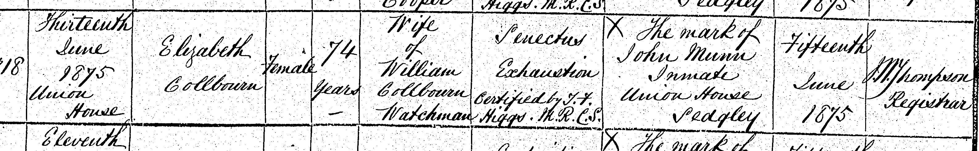Death record for Elizabeth Colbourn