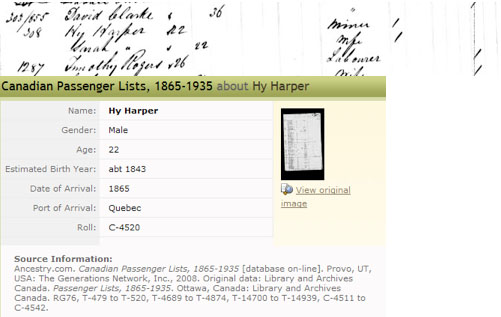 Canadian Passenger List for Hy Harper