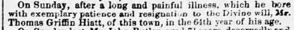 Death notice for Thomas Griffin Hiatt