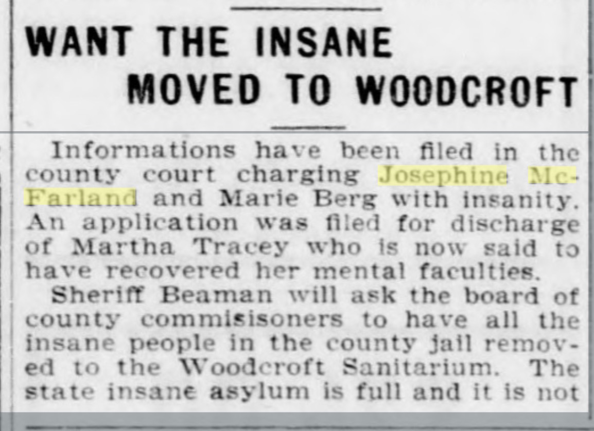 newspaper artile about charing Josephine McFarland with insanity