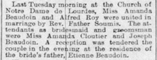 Alfred Roy and Amanda Beaudoin wedding announcement in newspaper