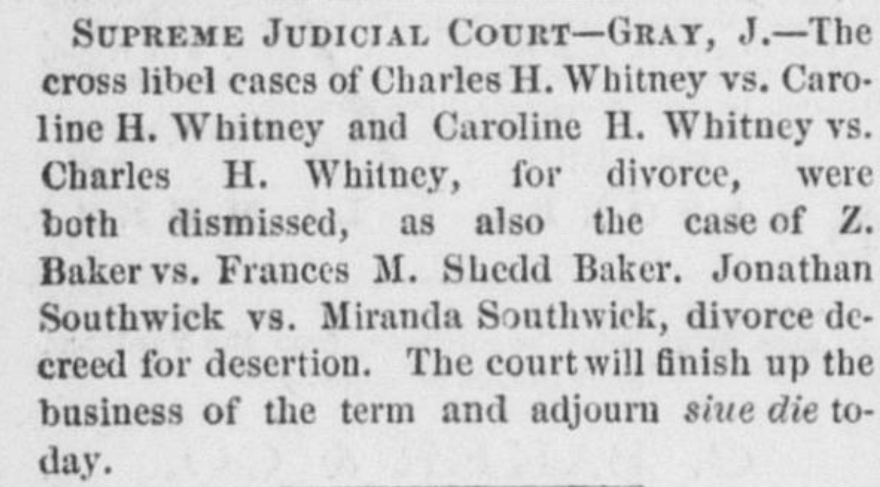 Southwick Divorce in newspaper