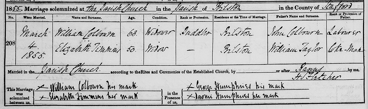 1855 marriage of William Colbourn and Elizabeth Timmins