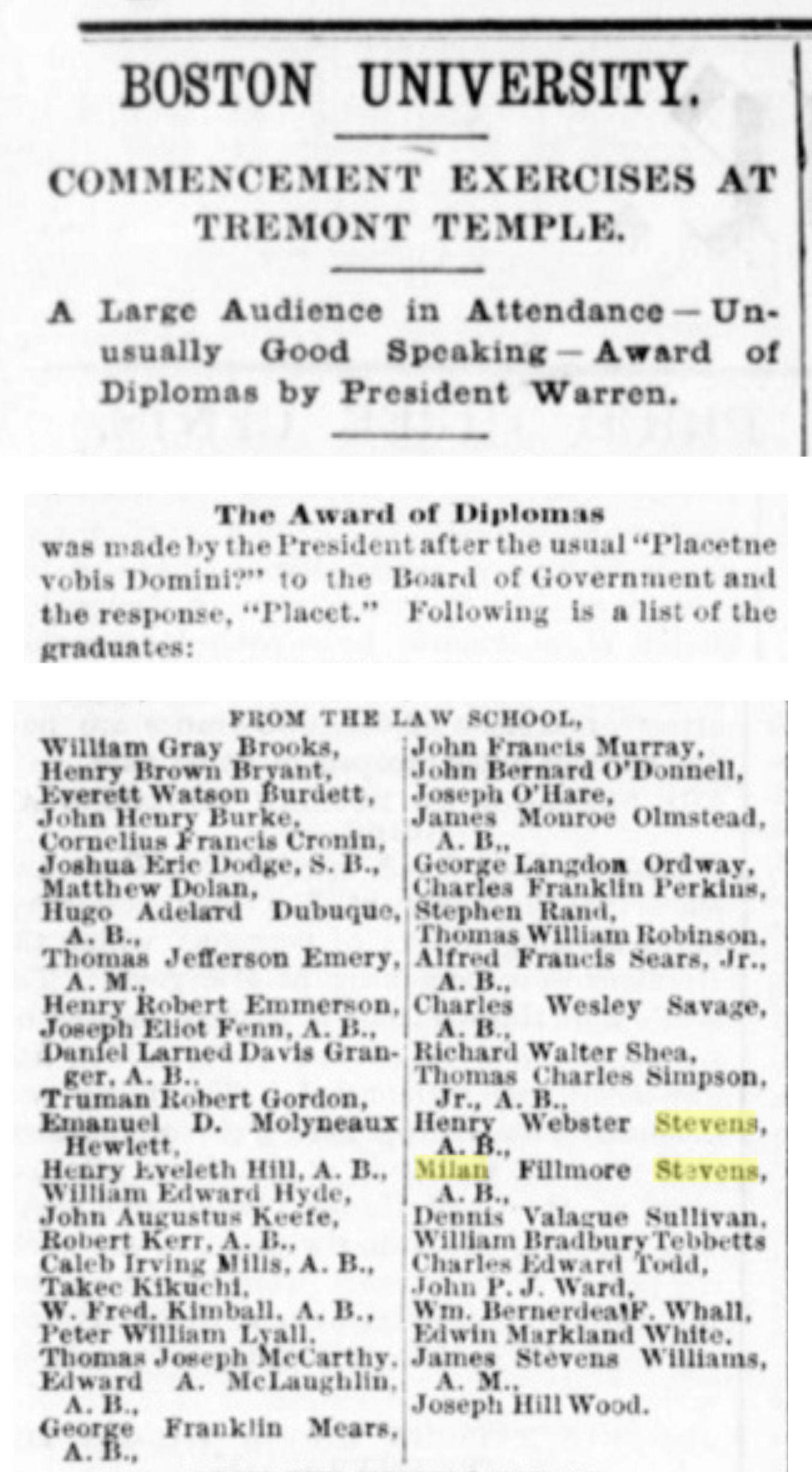 Milan Stevens newspaper listing Milan graduating from Boston University