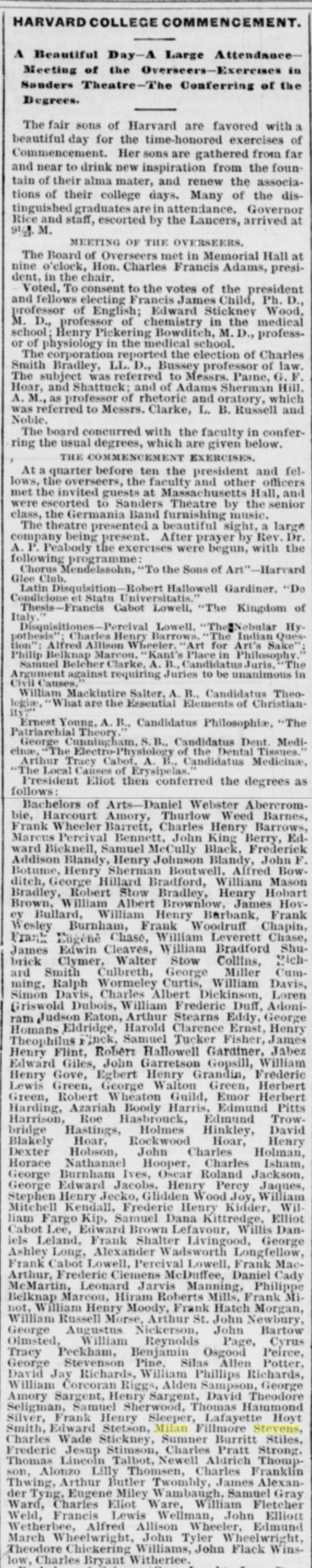 Milan Stevens newspaper listing Milan graduating from Harvard