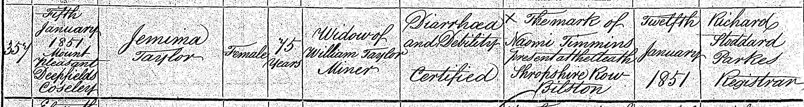 Death record for Jemima Taylor