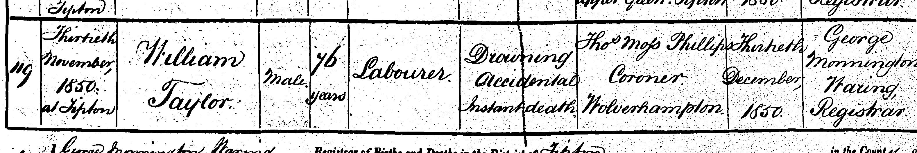 Death record for William Taylor