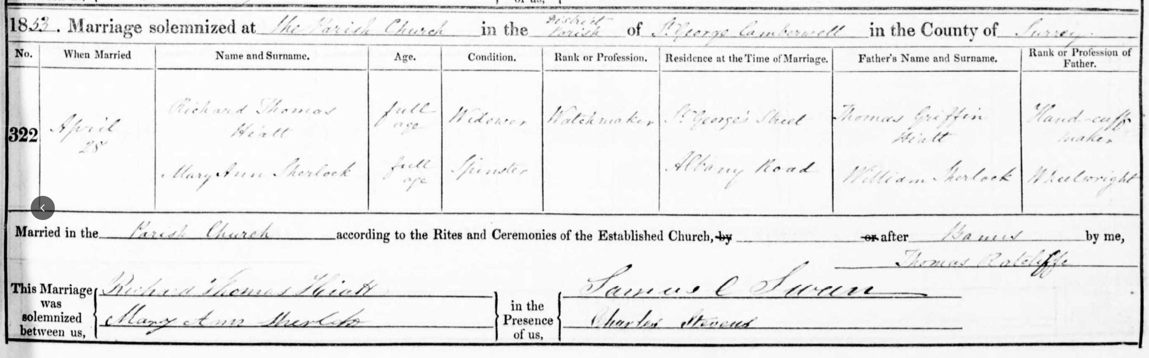 Richard Hiatt and Mary Ann Sherlock marriage record